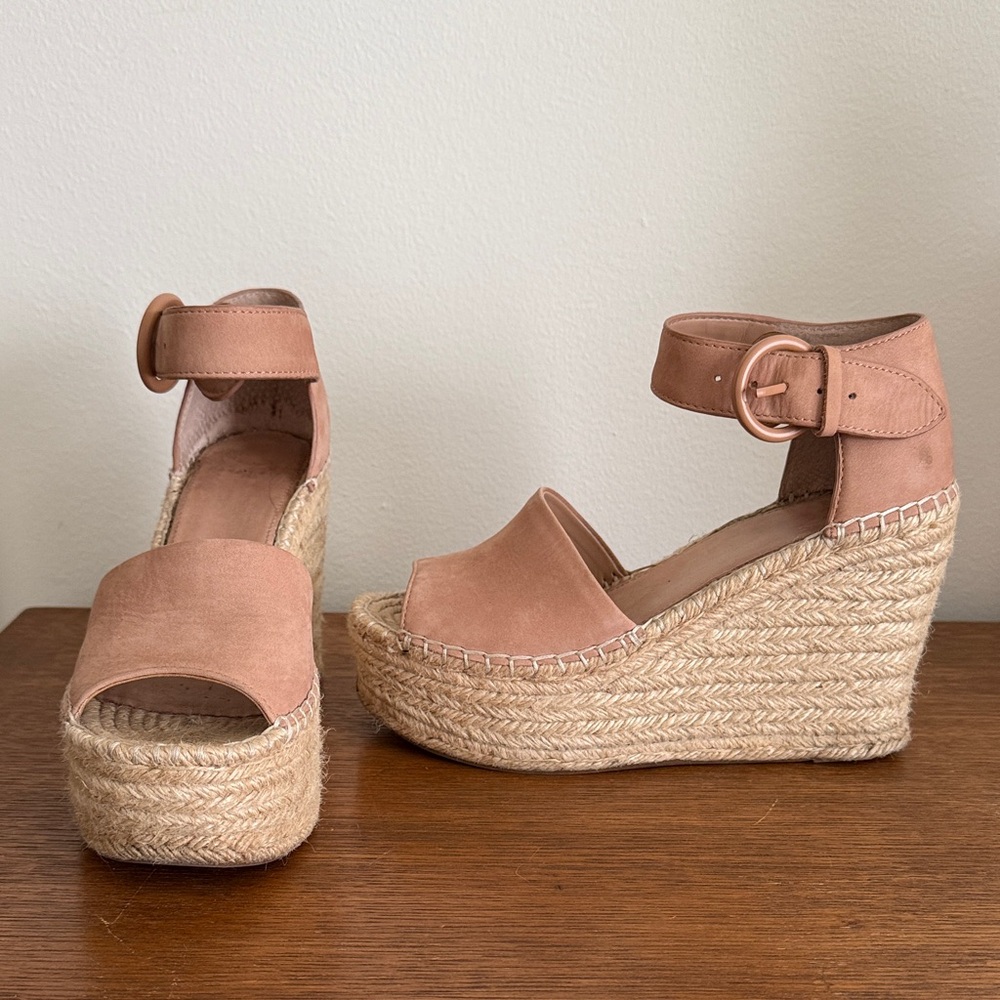 Marc Fisher Blush Suede Espadrille Wedge Sandals with Ankle Buckle